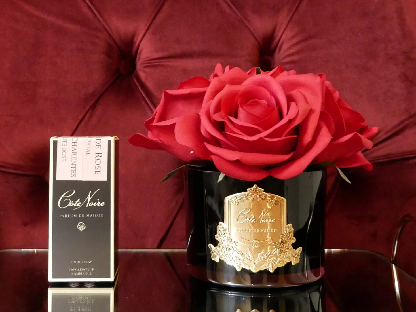 Cote Noire Five Roses Red Black Glass with Gold Crest