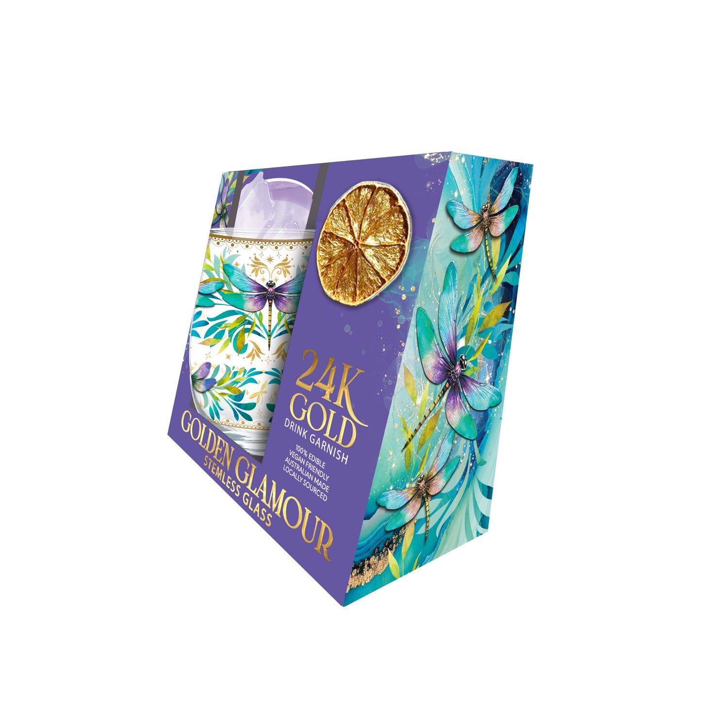Lisa Pollock Stemless Glass Gold Detailing With 24K Gold Lime Garnish Turquoise Dragonfly