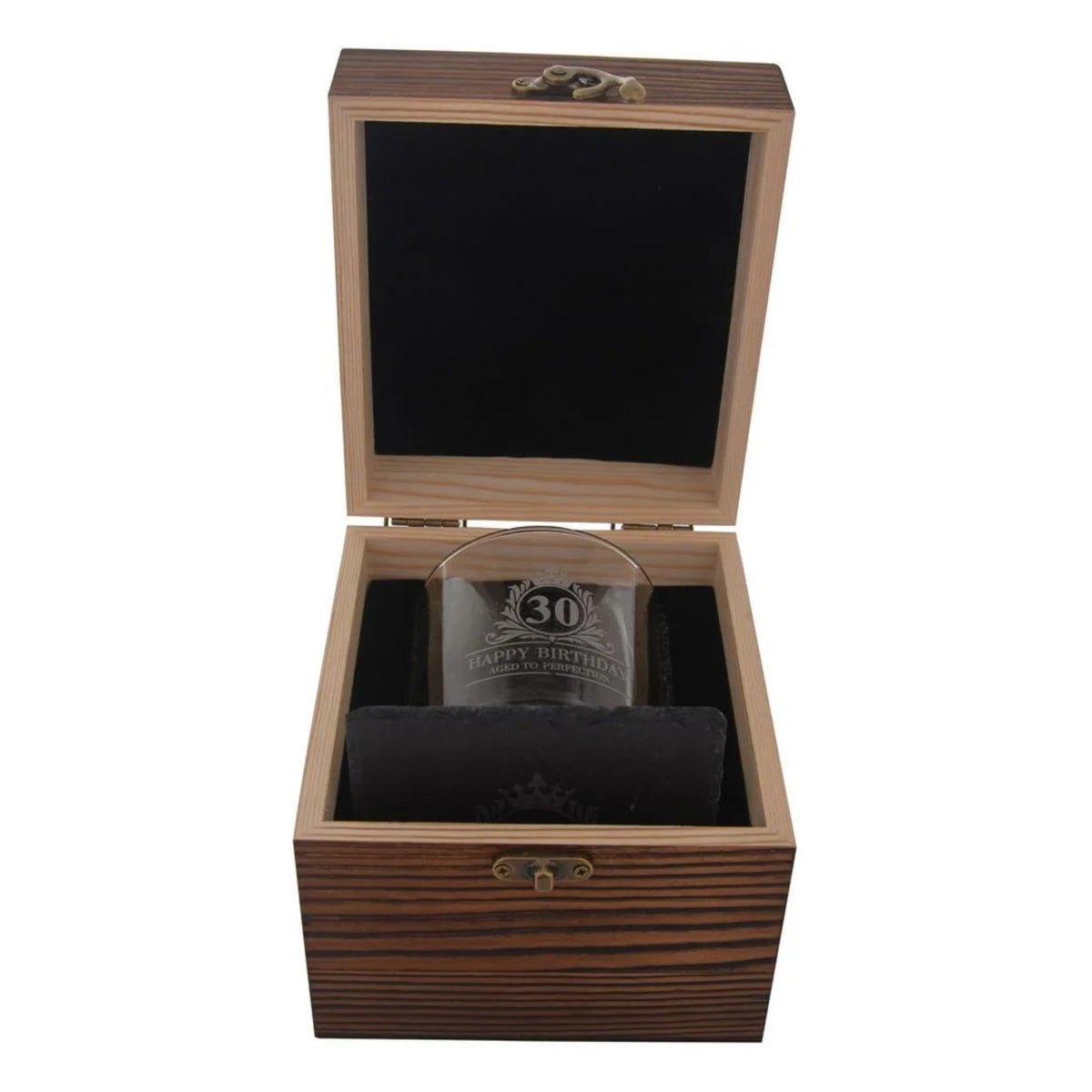 Birthday Whiskey Glass & Slate Coaster Set in Wooden Box 30th