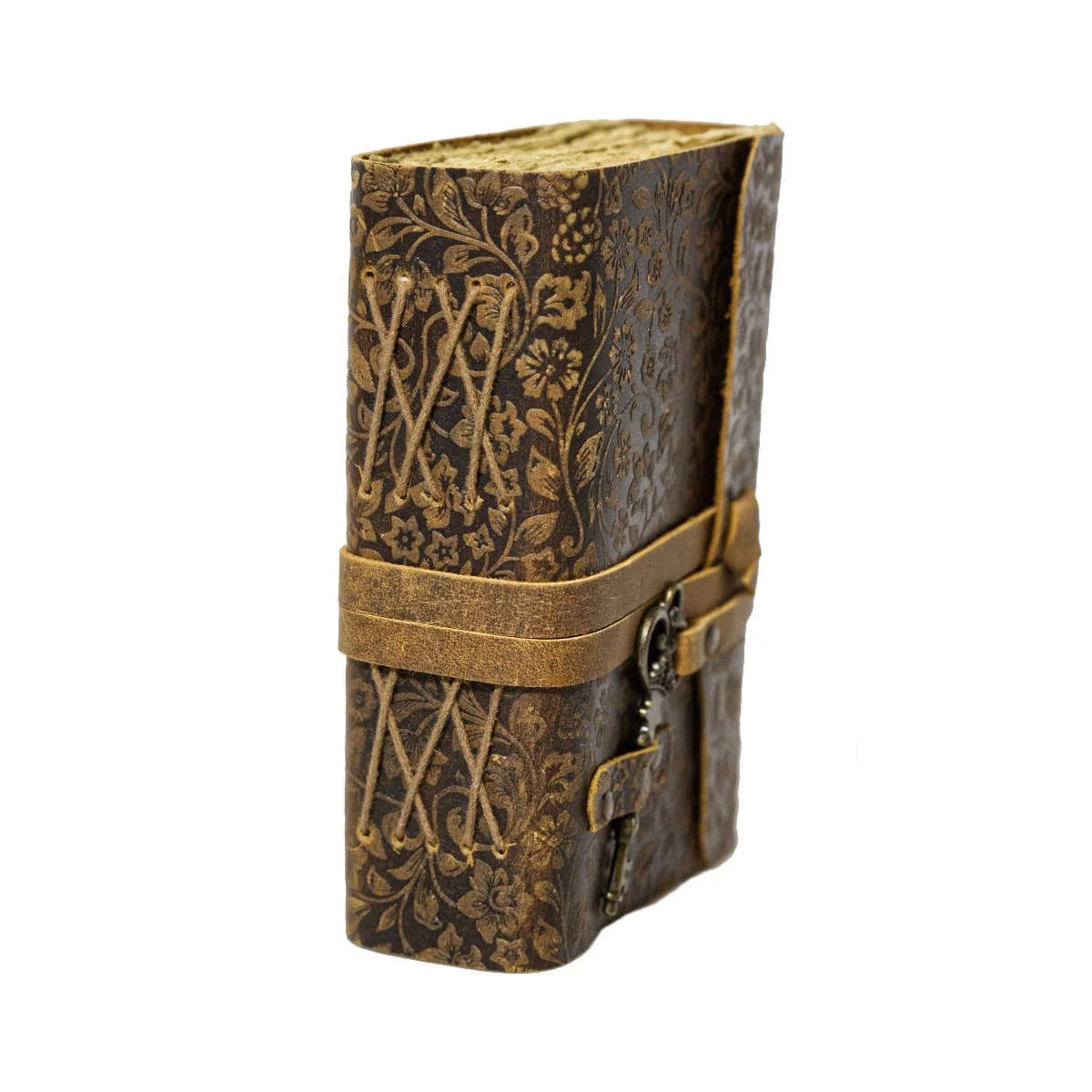 Leather Journal Parchment Style Paper Wrapped With Key Floral Design