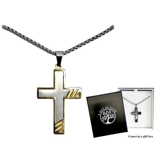 Necklace Gift Of Faith Stainless Steel With 35mm Cross Brushed Silver & Gold