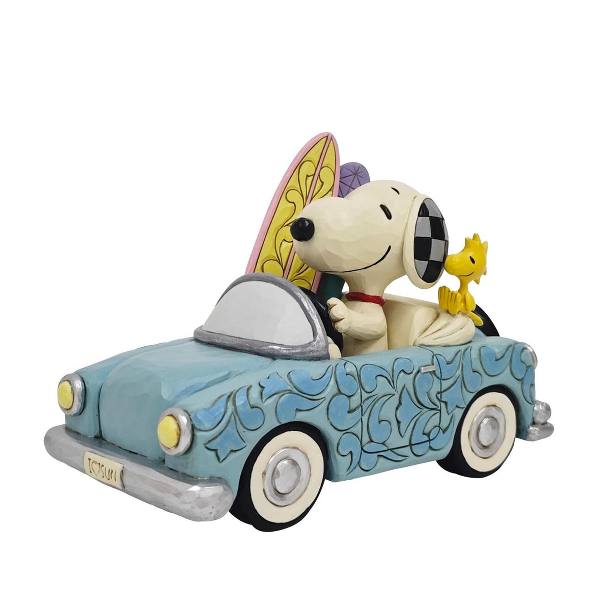 PEANUTS BY JIM SHORE SNOOPY & WOODSTOCK IN CAR WITH SURFBOARDS