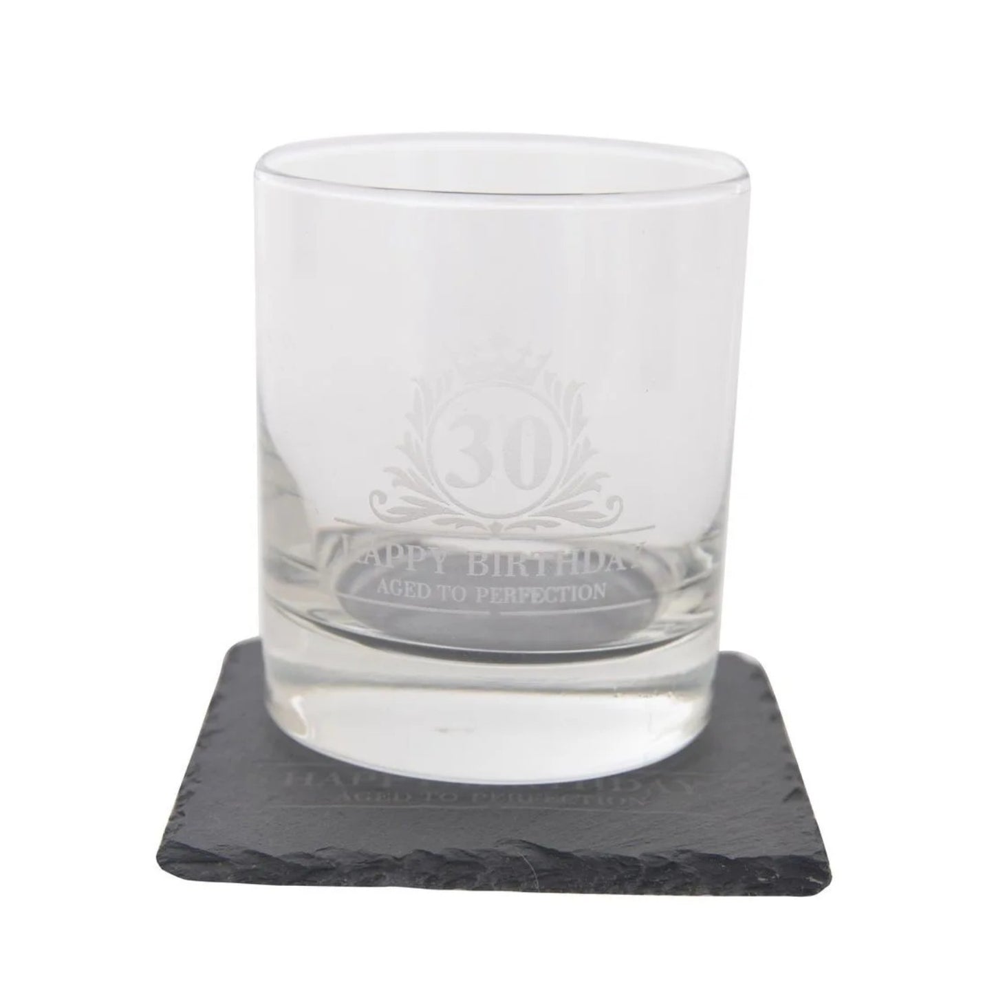 Birthday Whiskey Glass & Slate Coaster Set in Wooden Box 30th