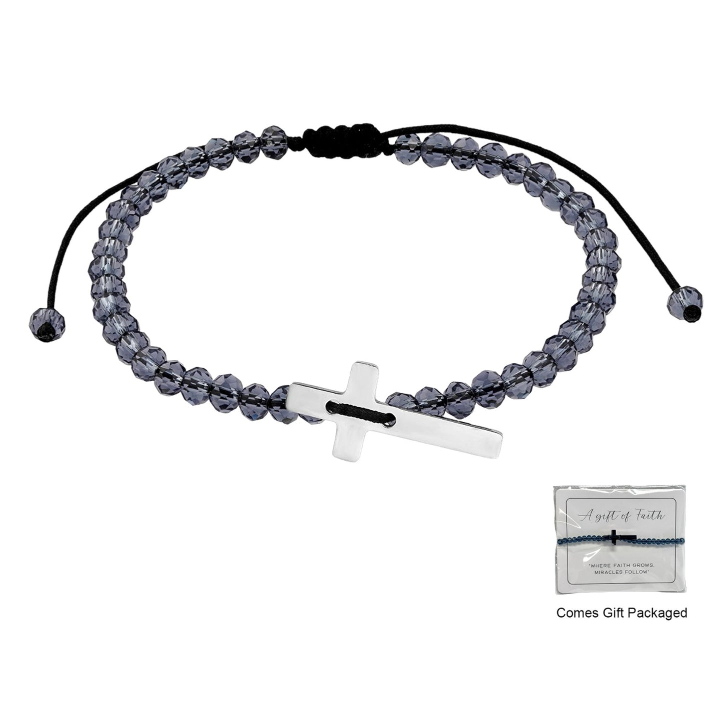 Bracelet With Black Crystal Beads & Stainless Steel Cross