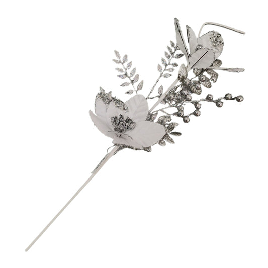 CHRISTMAS VELVET MAGNOLIA SPRAY WHITE SILVER