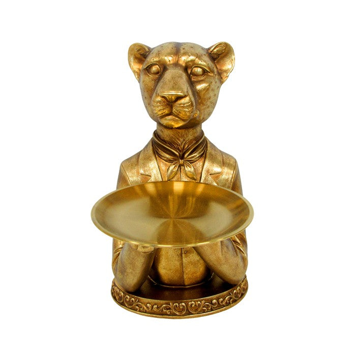 Lioness Holding Tray Gold Resin Figurine Flaxman