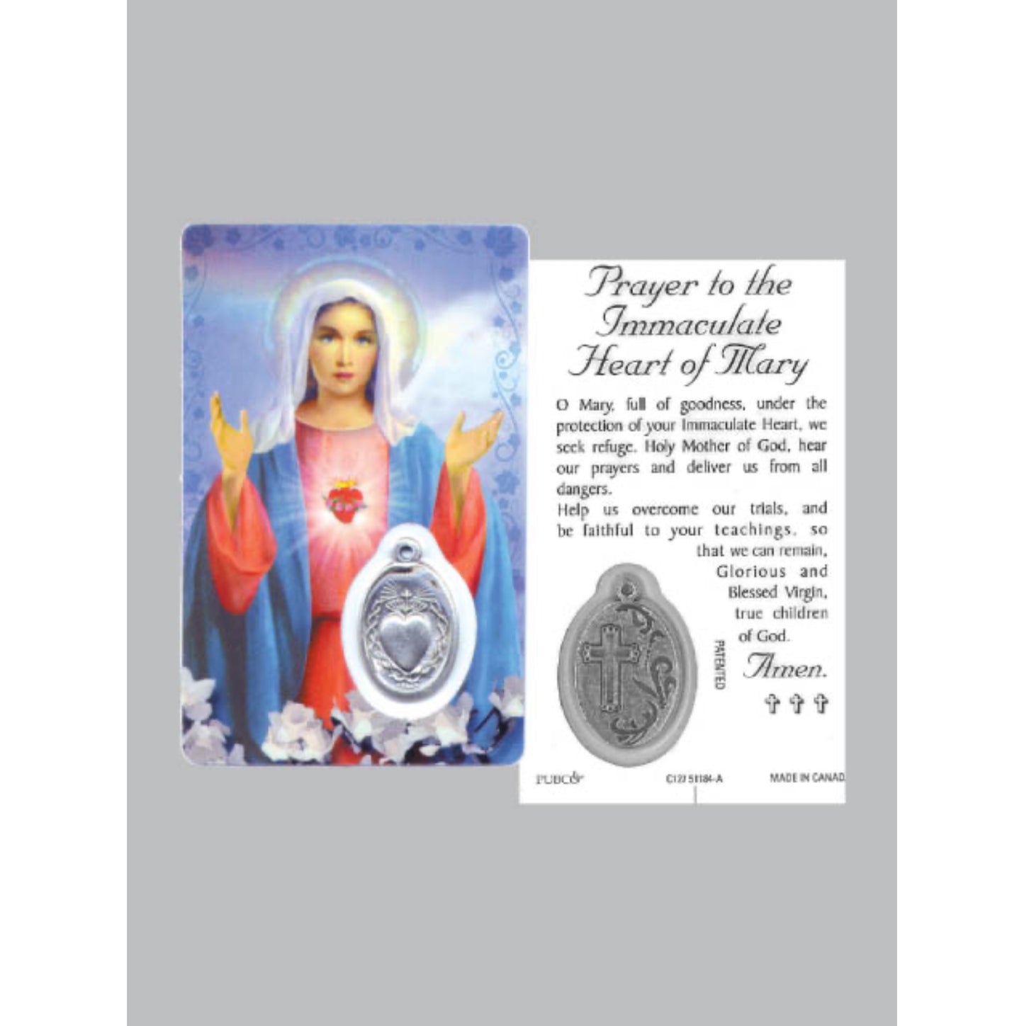 Laminated Window Prayer Card & Charm Immaculate Sacred Heart Mary
