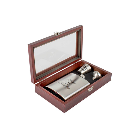 HIP FLASK GIFT SET IN TIMBER BOX 21ST BIRTHDAY