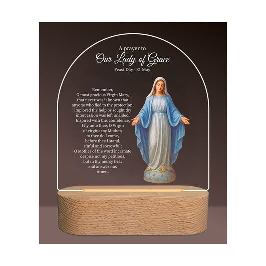 Divine Collection LED Plaque With Timber Base Miraculous Lady of Grace