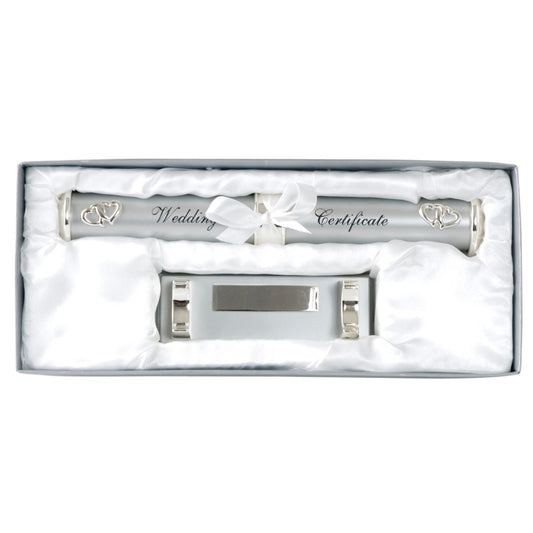 WEDDING CERTIFICATE HOLDER WITH STAND SILVER PLATED