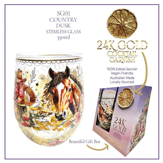 Lisa Pollock Stemless Glass Gold Detailing With 24K Gold Lime Garnish Country Dusk