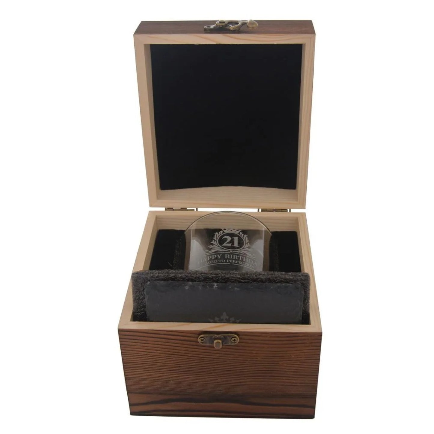 Birthday Whiskey Glass & Slate Coaster Set in Wooden Box 21st