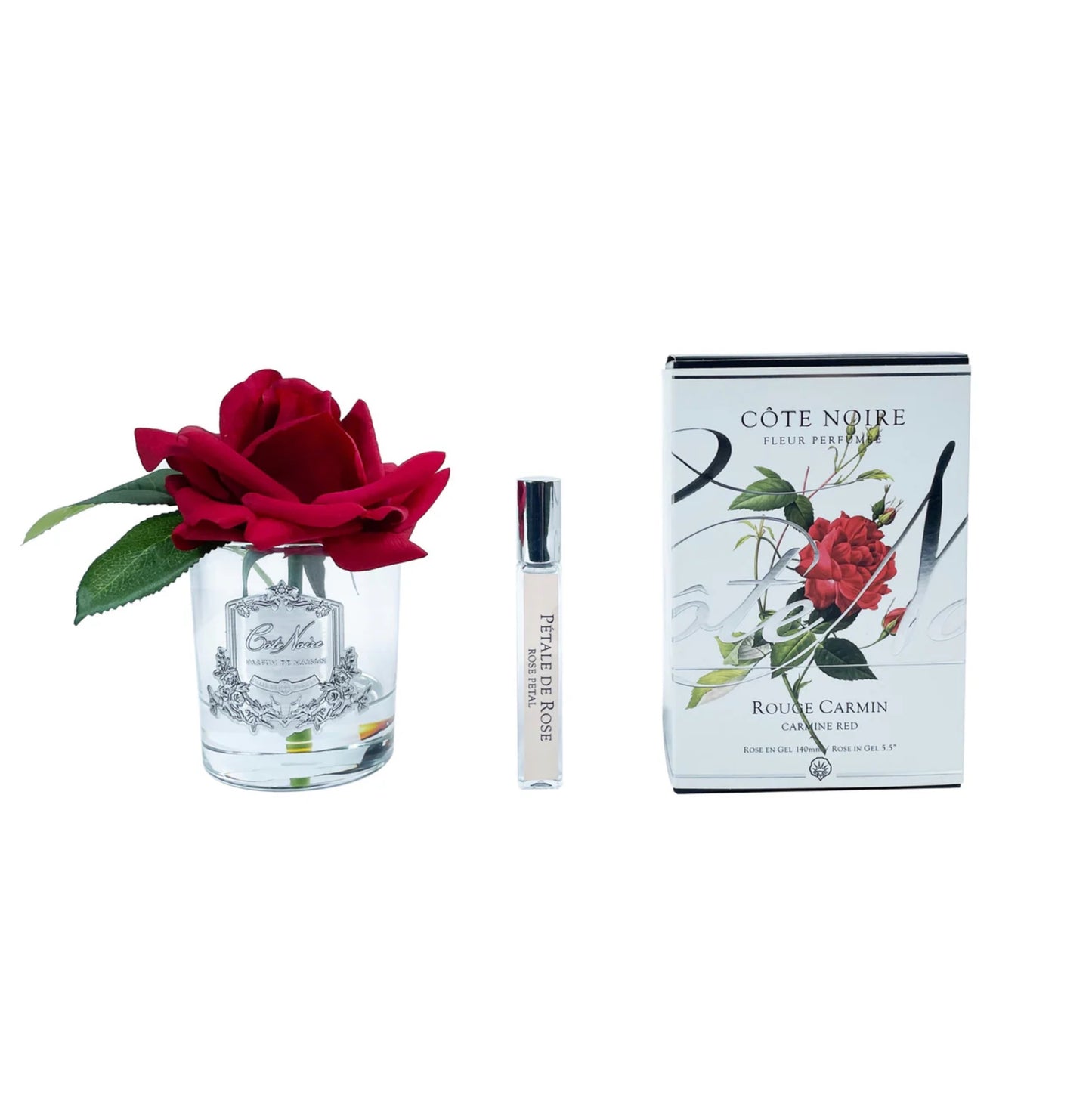 Cote Noire Single French Rose Perfumed Natural Touch Red In Clear Glass With Silver Crest