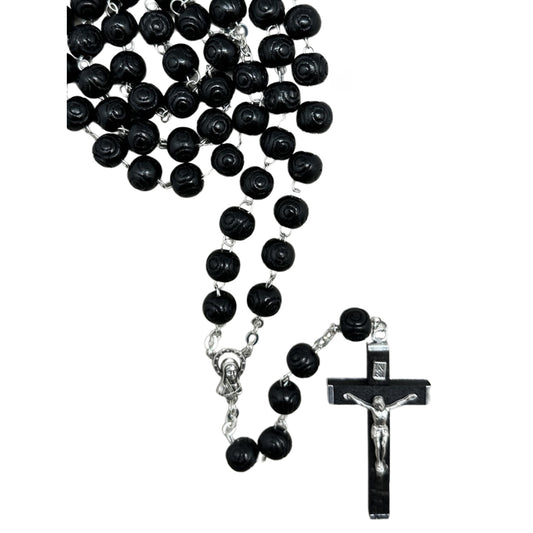ROSARY BEADS WOOD PATTERNED BEAD BLACK