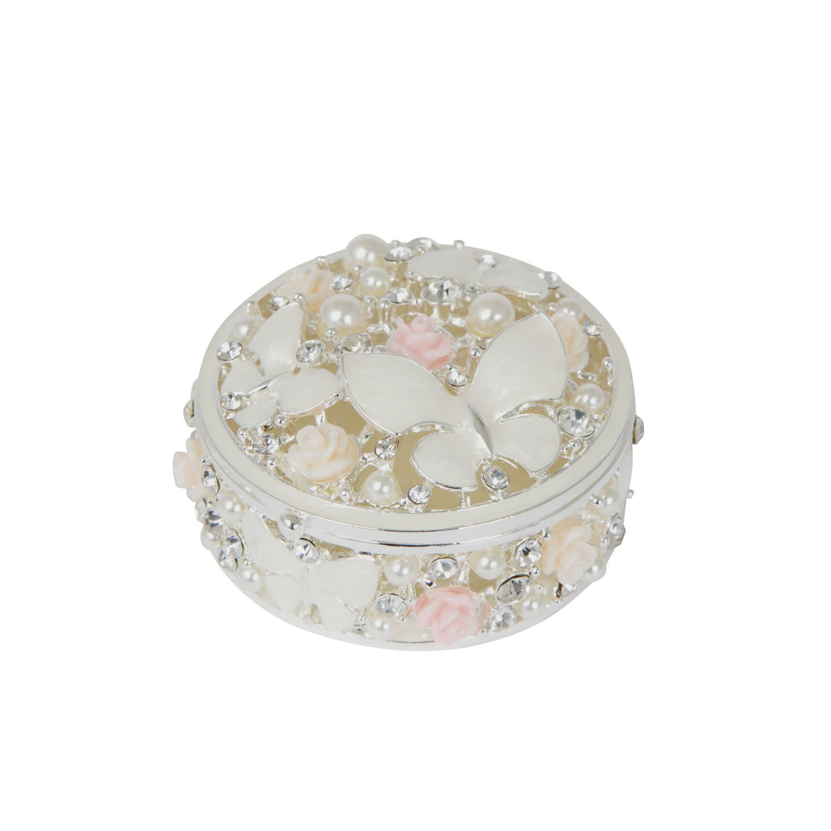 JEWELLERY BOX TRINKET ROUND ROSES & BUTTERFLY DESIGN WITH EPOXY FINISH