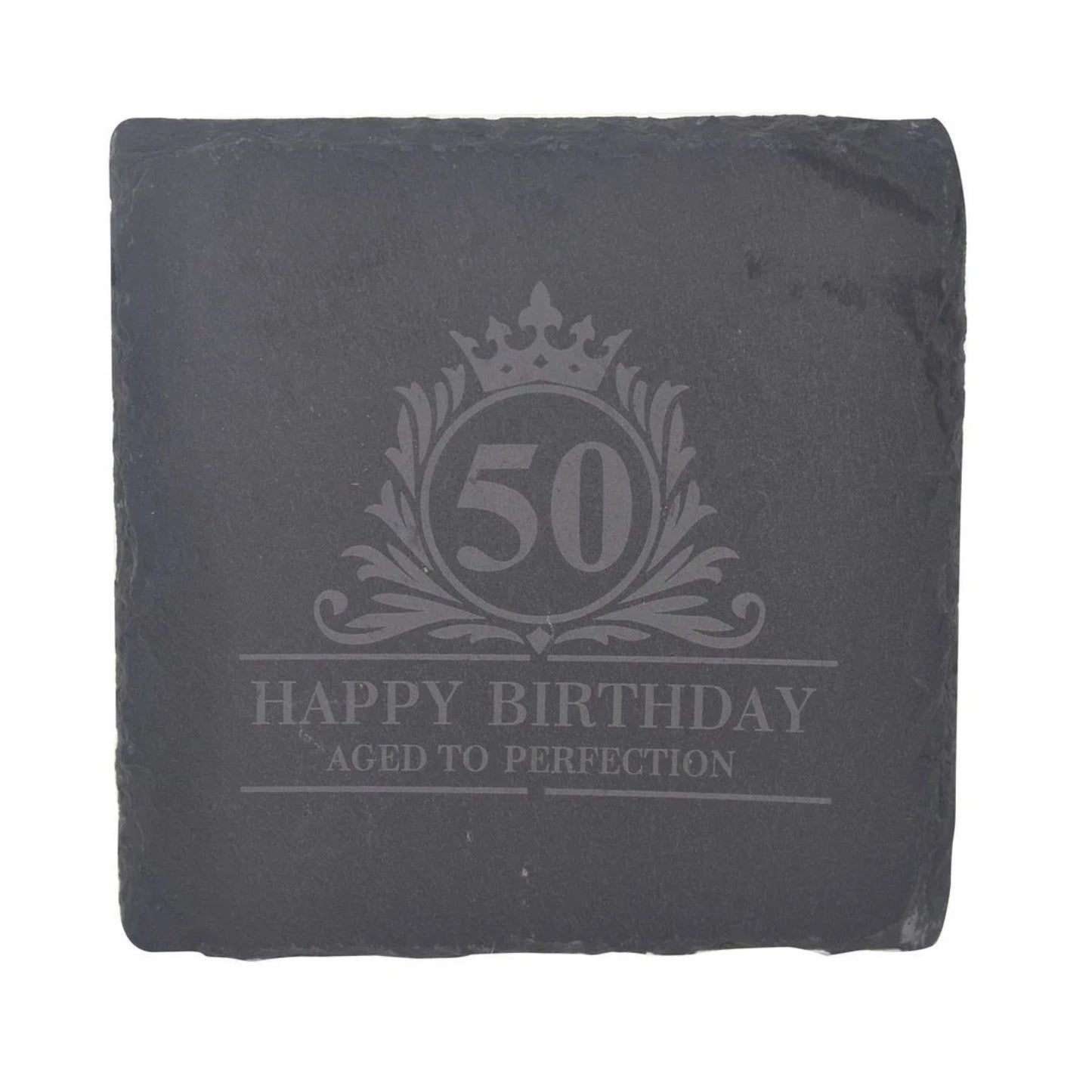 Birthday Whiskey Glass & Slate Coaster Set in Wooden Box 50th