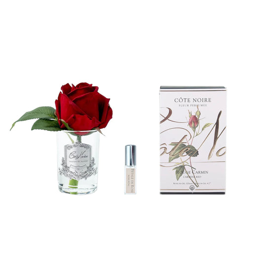 Cote Noire Rose Bud Perfumed Natural Touch Red In Clear Glass With Silver Crest