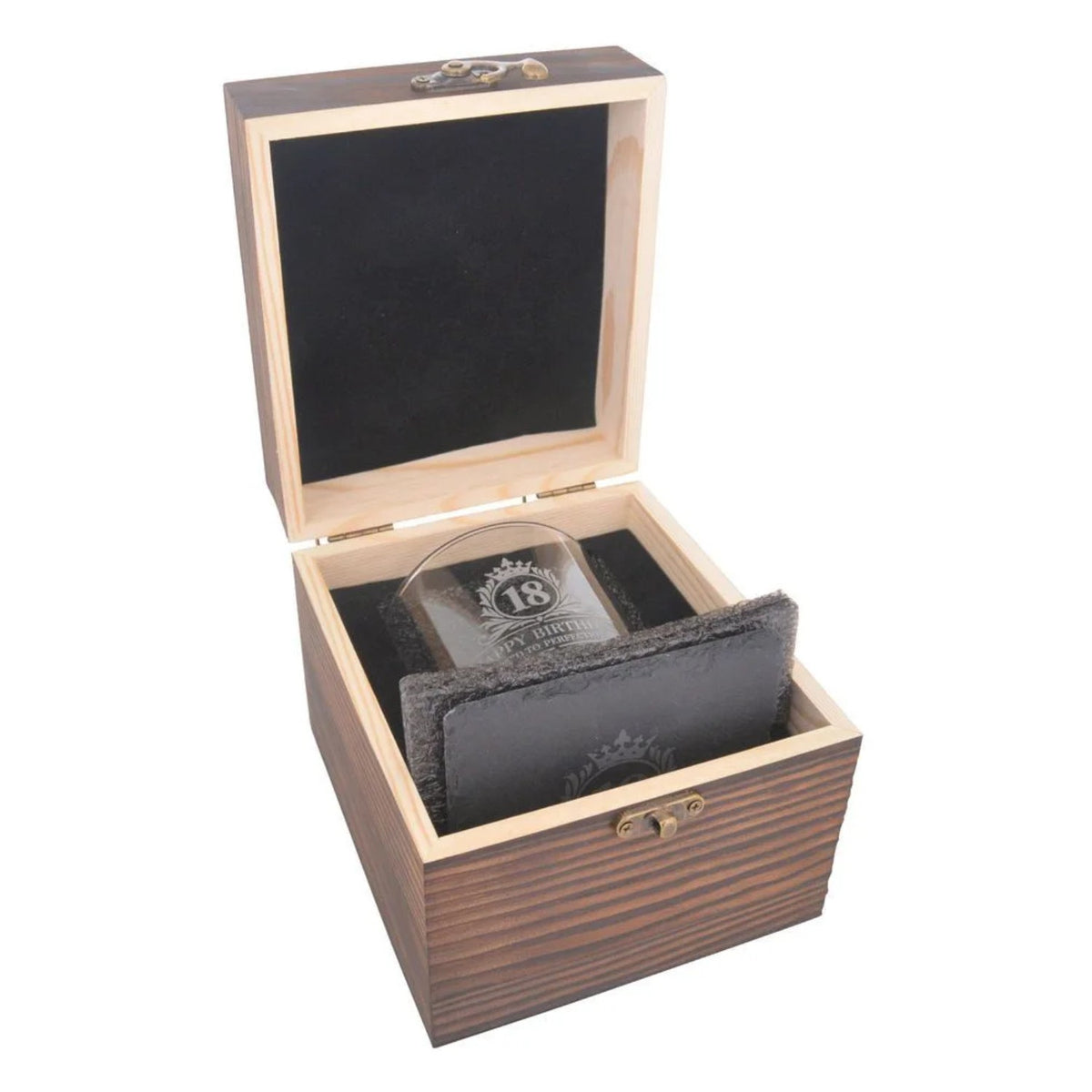Birthday Whiskey Glass & Slate Coaster Set in Wooden Box 18th