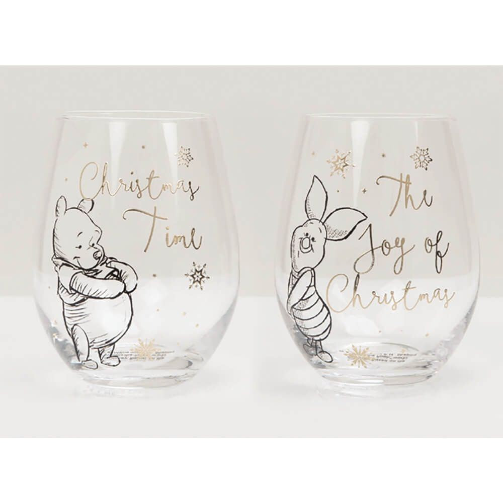 DISNEY CHRISTMAS WINNIE THE POOH SET OF 2 STEMLESS WINE GLASSES WIDDOP & CO.